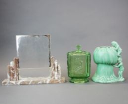 An Art Deco style marble picture frame together with a green glass jar and lid and a Sylvac