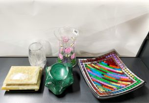 A group of mixed items including two glass vases, stone box, a malachite ashtray/ bowl and a further