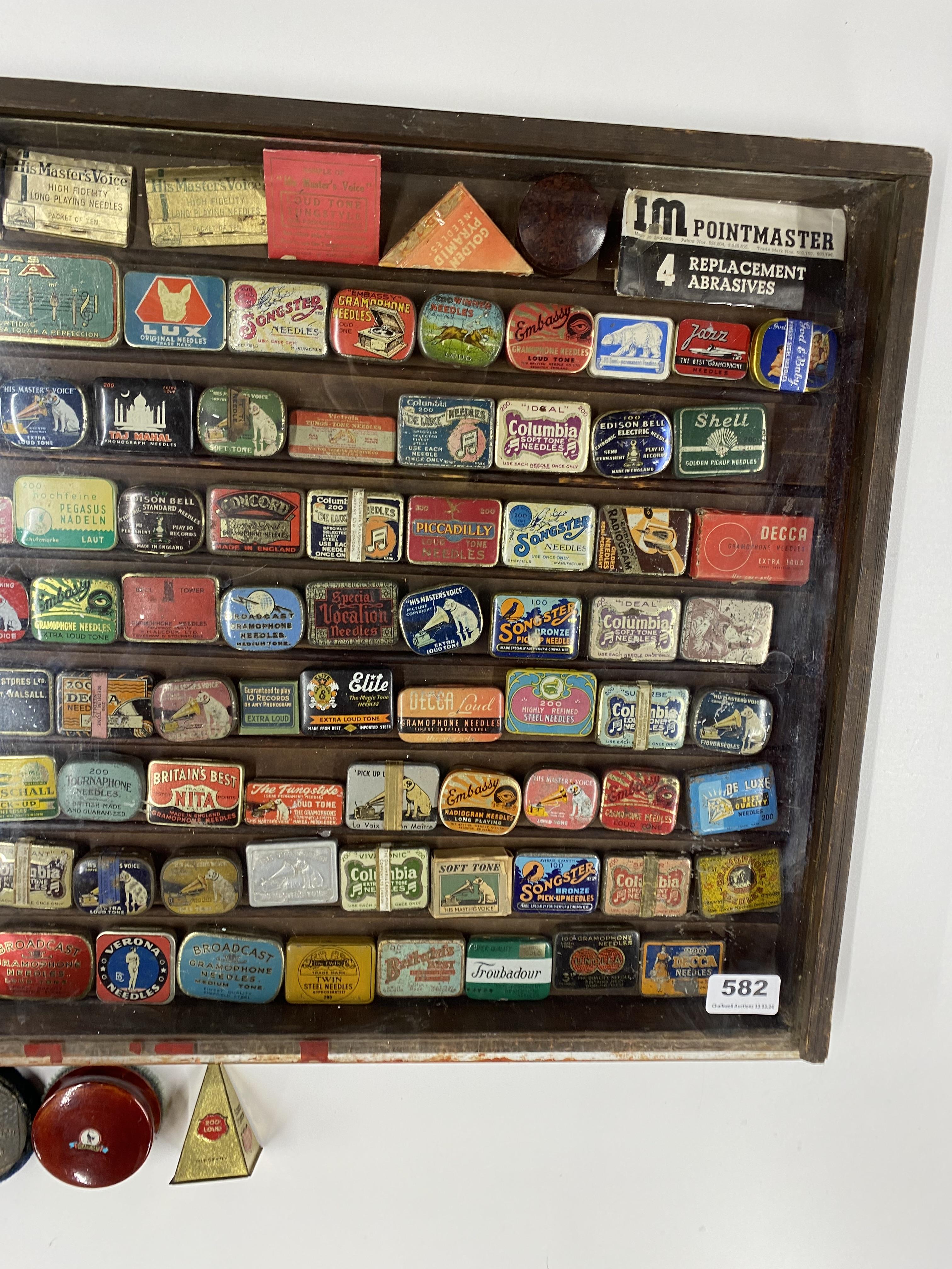 A cased extensive collection of an early gramophone needle tins case size 91 x 45cm. Together with a - Image 3 of 3