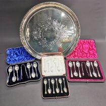 Three sets of hallmarked silver teaspoons together with a silver plated tray.