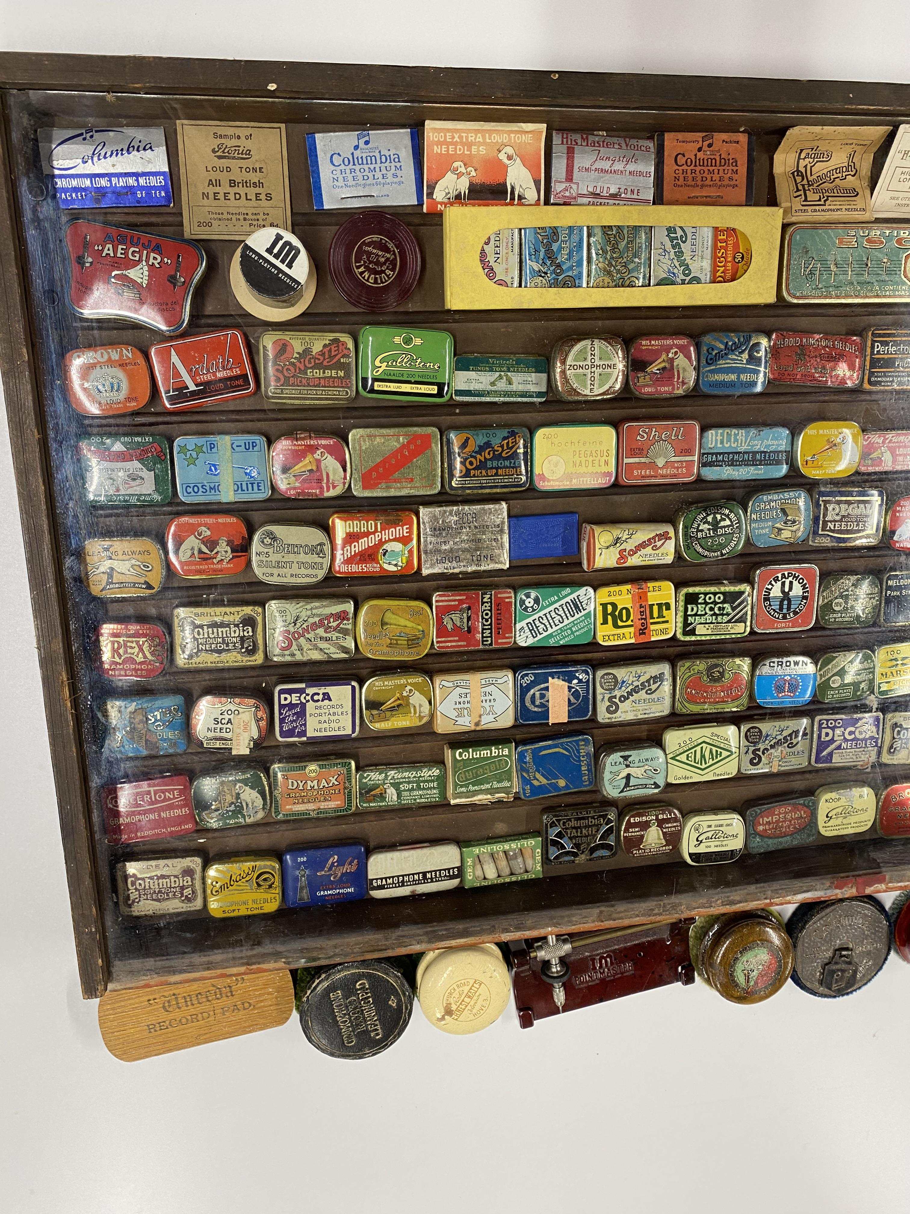 A cased extensive collection of an early gramophone needle tins case size 91 x 45cm. Together with a - Image 2 of 3