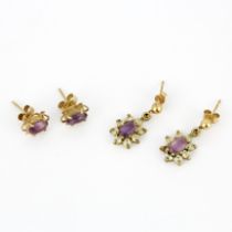 Two pairs of yellow metal amethyst set earrings, one with white stones, largest L. 1.5cm. One