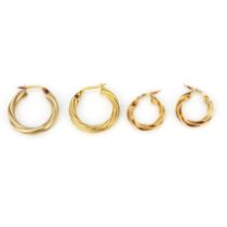 Two pairs of 9ct yellow gold hoop earrings, largest dia. 2.2cm.