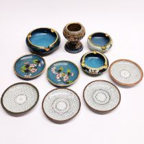 A group of mid 20thC Chinese cloisonne items, ashtray Dia. 11cm.