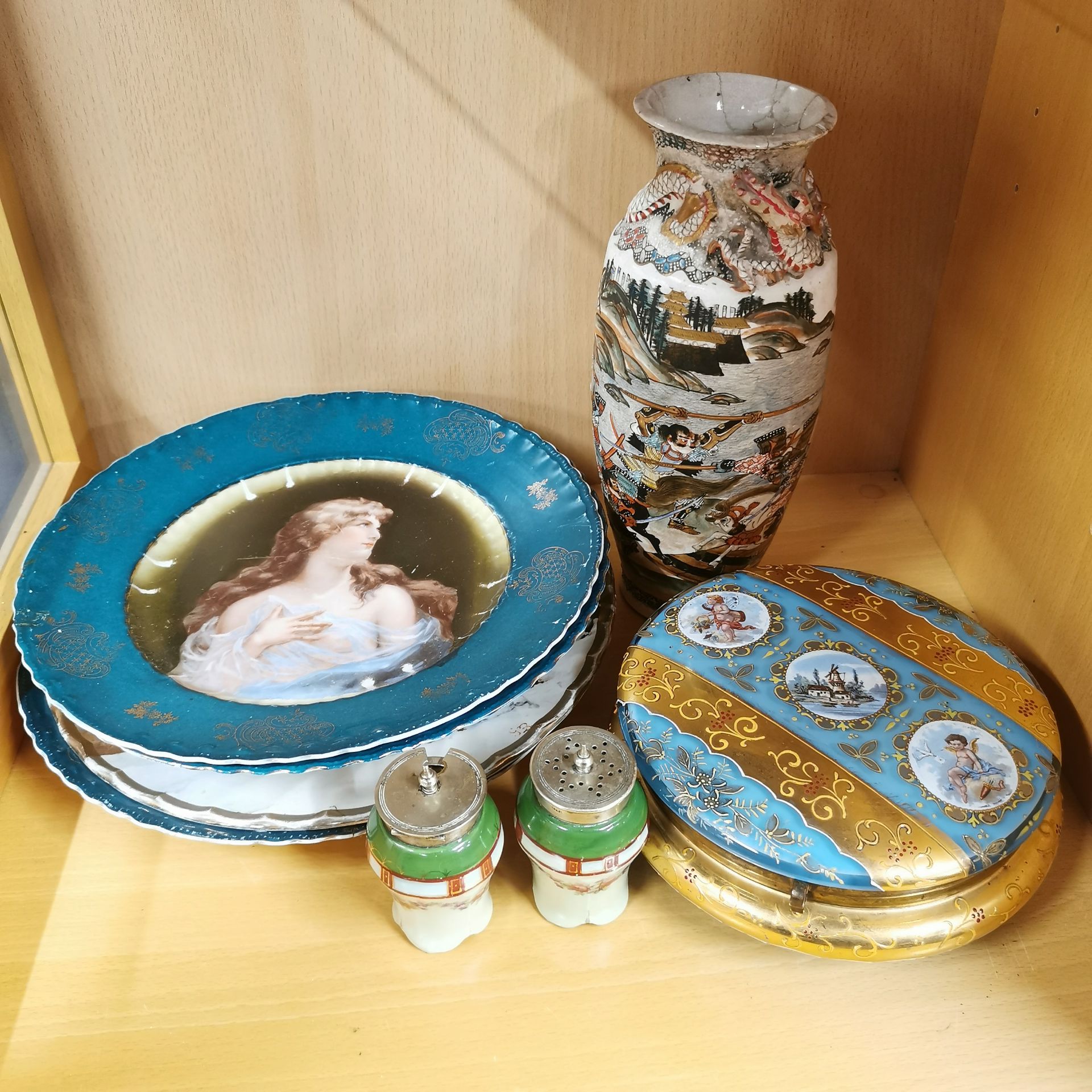 A group of Victorian plates with a glass powder bowl and a Japanese bowl, plate Dia. 25cm. A/F.