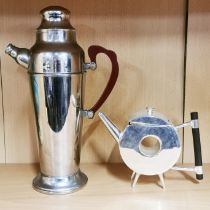 A Christopher Dresser style silver plated teapot, H. 15cm. Together with a chromium plated