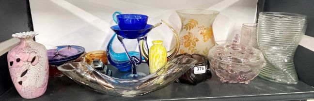 A quantity of mixed coloured glass items including bowls, vases etc.