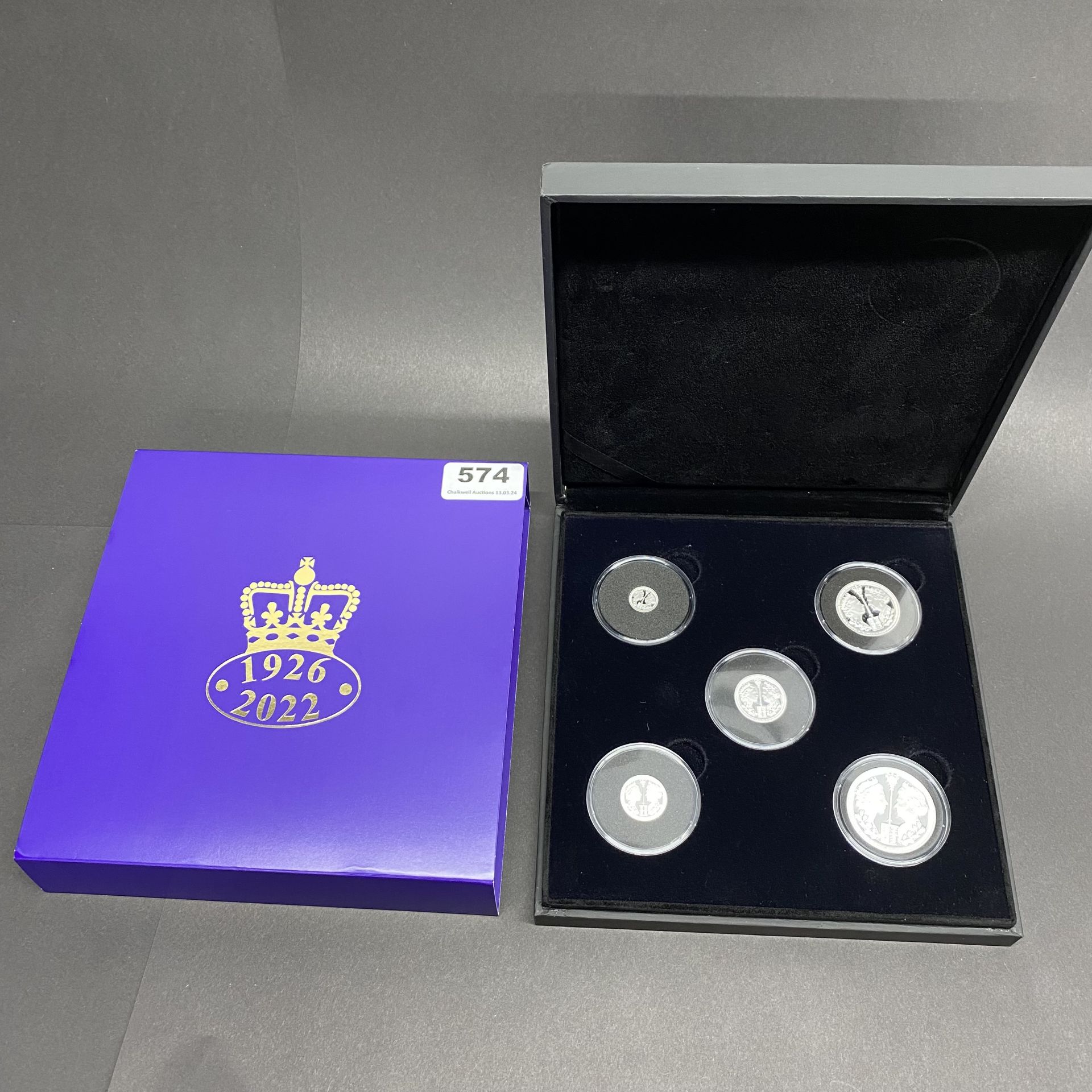 A five piece silver coin set 2022 in presentation box with certificate.