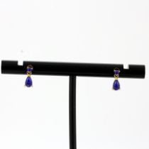 A pair of 9ct yellow gold lapis lazuli set drop earrings, L. 9mm.