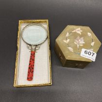 A Chinese magnifying glass and inlaid soap stone box.