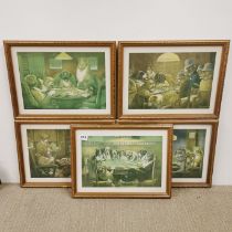 A set of five gilt framed dog gambler cartoons, frame size 33 x 44cm.