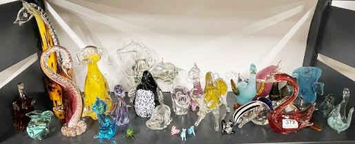 A collection of Murano glass animal figures together with further glass animal figures, giraffe H.
