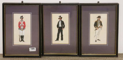 Three framed signed original paintings of 19th C military costume, 23 x 32cm.