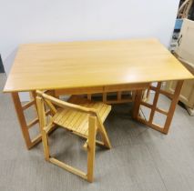 Two contemporary beechwood finished two drawer folding desks and matching folding chairs, 140 x 80 x
