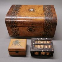 A Victorian inlaid wooden box, size 30 x 23 x 14cm together with two further boxes.