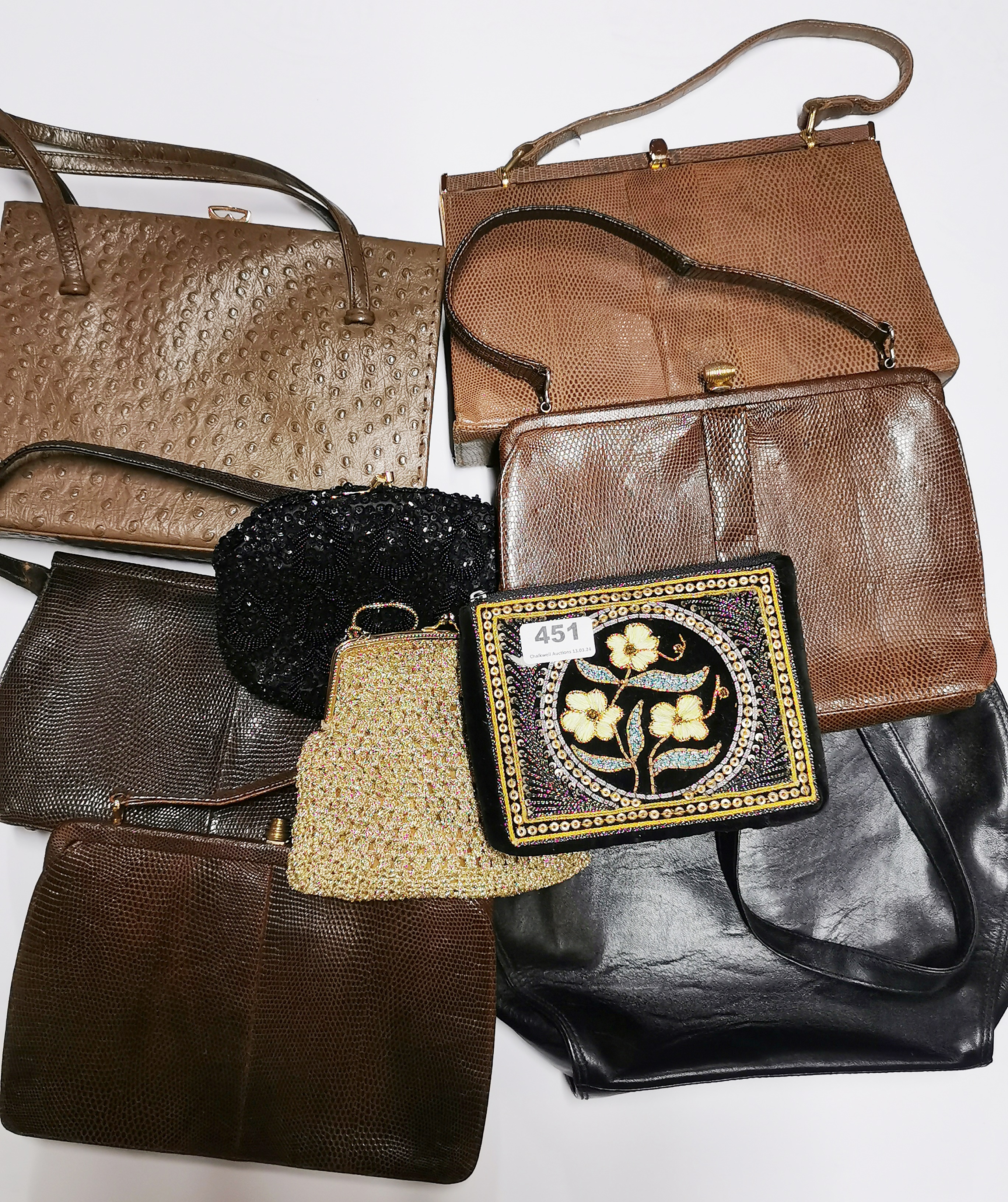 A four vintage lizard skin hand bags, an ostrich skin hand back and other vintage hand bags.
