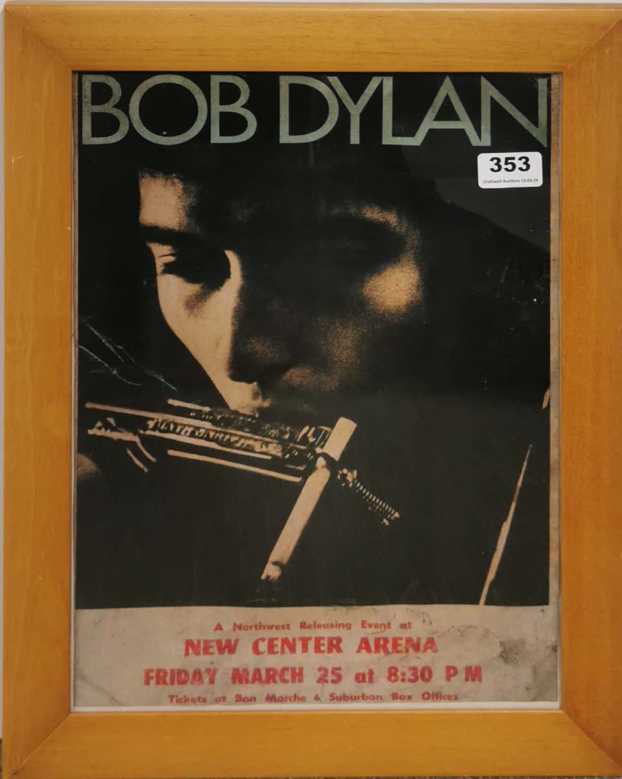 A framed poster for 'Bob Dylan' at the New Center Arena, Seattle 1966 with an autograph from the