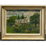 A framed na�ve oil on canvas of a cottage signed F.A Webster '61, frame size 42 x 34cm.