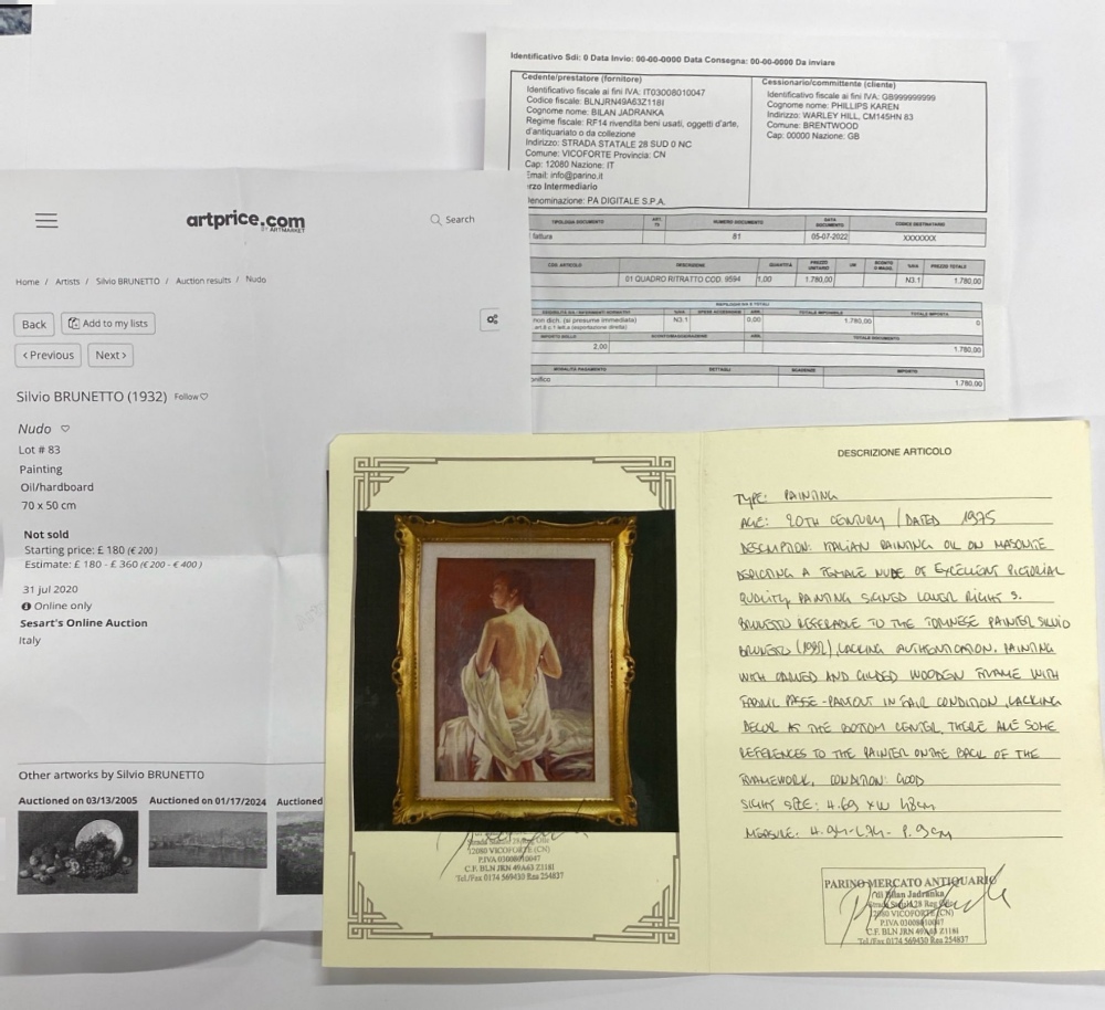 A large gilt framed Italian oil on masonite by Silvio Brunetto (b. 1932) with purchase receipt. - Image 4 of 4
