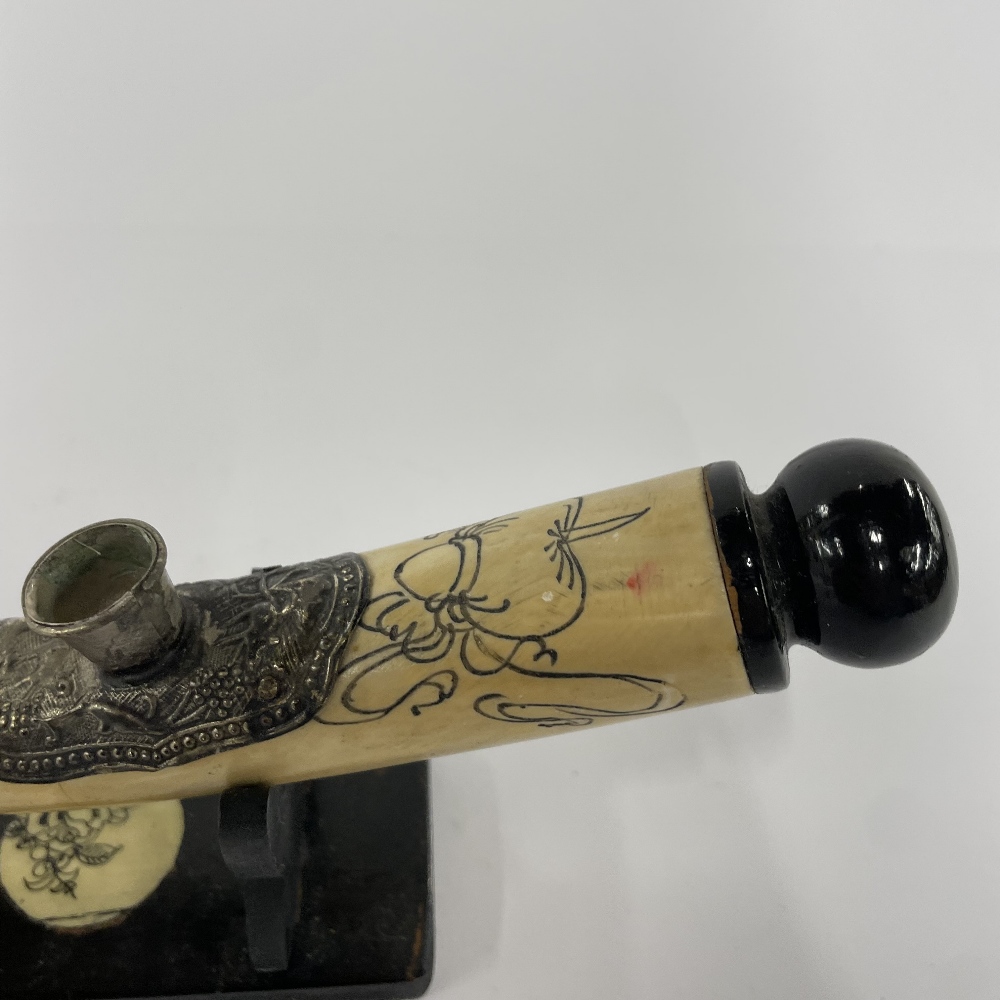 An Oriental bone opium pipe with stand, L. 30cm. - Image 3 of 6