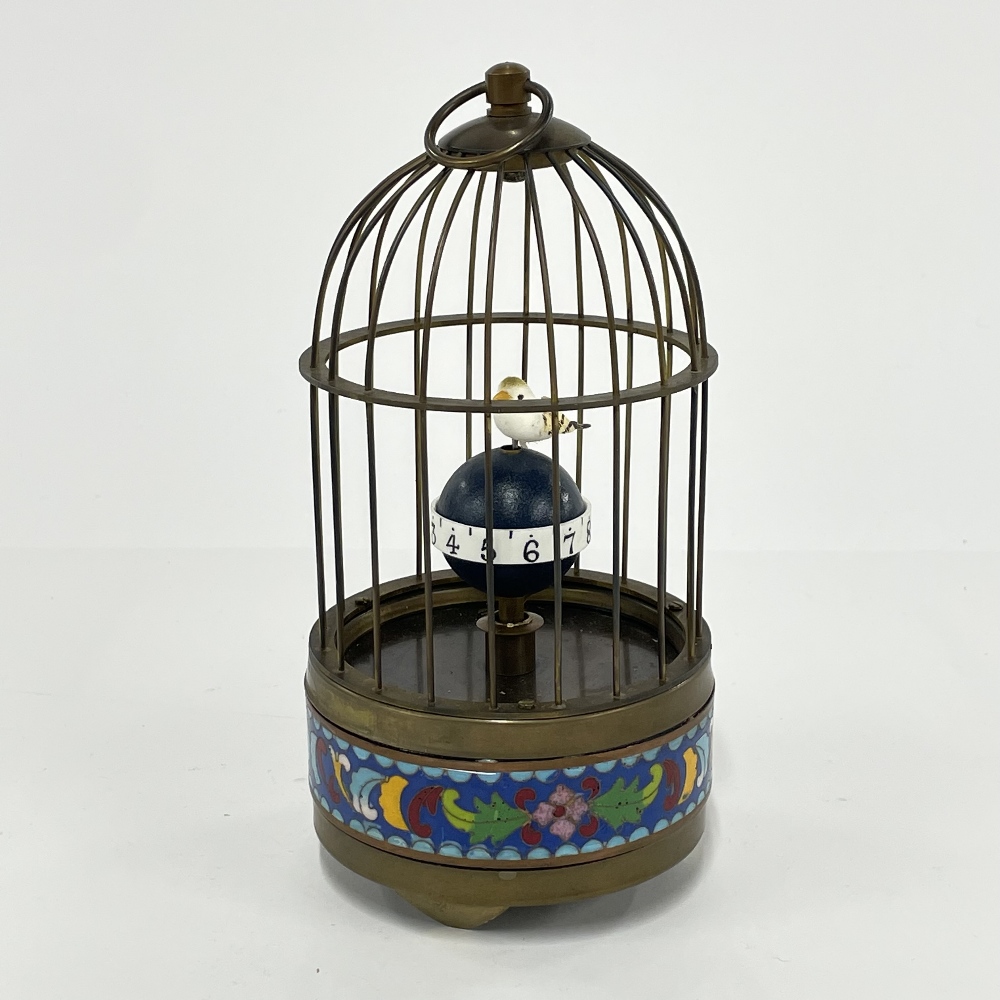 A novelty brass and enamelled birdcage clock, H. 20cm. - Image 2 of 4
