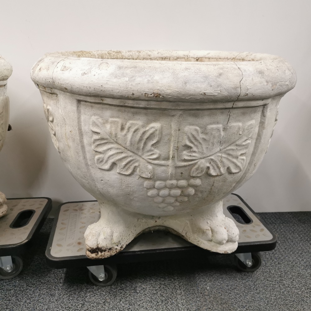 A pair of very large antique cast concrete garden planters raised on four feet, H. 45cm Dia. 60cm. - Image 3 of 4