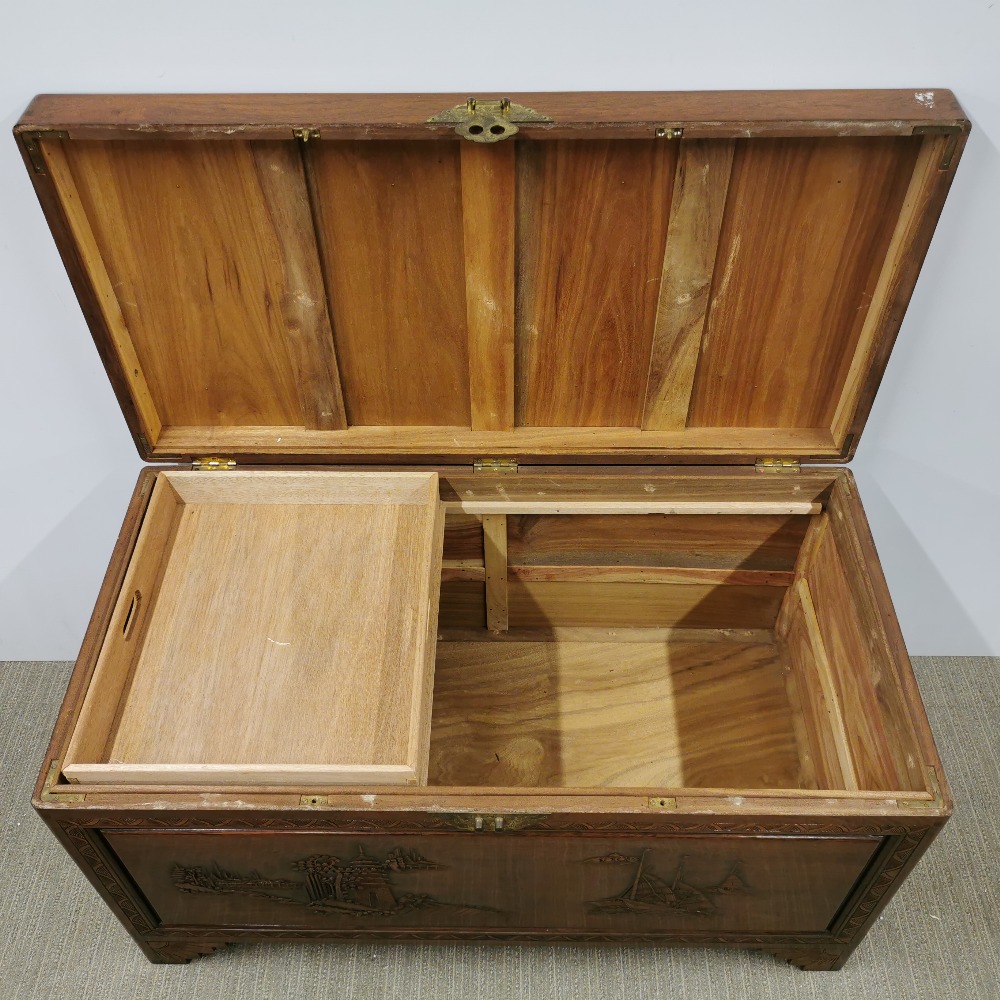 An oriental carved hardwood blanket box with brass decoration and hinges, some stains to top, 105 - Image 7 of 8