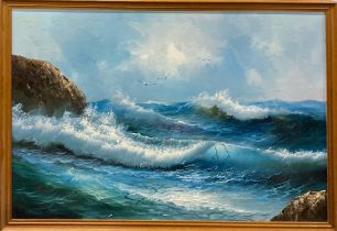 A large framed oil on canvas seascape signed A.Kirkham, frame size 95 x 64cm.