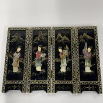 A Chinese black laquered table screen with mother of pearl relief decoration, H. 31cm.