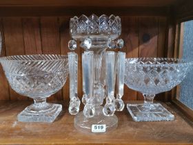 A large 19thC cut crystal lustre, H. 31cm, together with two crystal center bowls