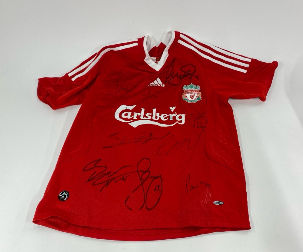 Two signed Liverpool FC shirts and signed football. - Image 2 of 5