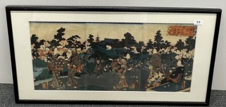 A large framed 19th century three panel Japanese woodblock print of a park scene, 93 x 48cm.