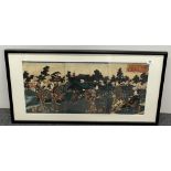 A large framed 19th century three panel Japanese woodblock print of a park scene, 93 x 48cm.