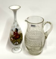 A large 19th century cut glass water jug, H. 29cm (probably Irish). Together with a hand painted