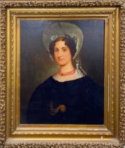 An early 19th century gilt framed oil on canvas of a young woman wearing a bonnet, frame size 90 x
