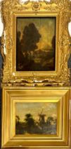 Two 19th century gilt framed oils on wooden panels, largest 49 x 57cm.