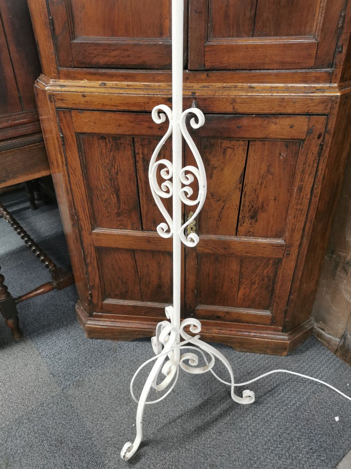 A painted 1920's wrought iron standard lamp with silk shade, overall H. 198cm. - Image 4 of 4