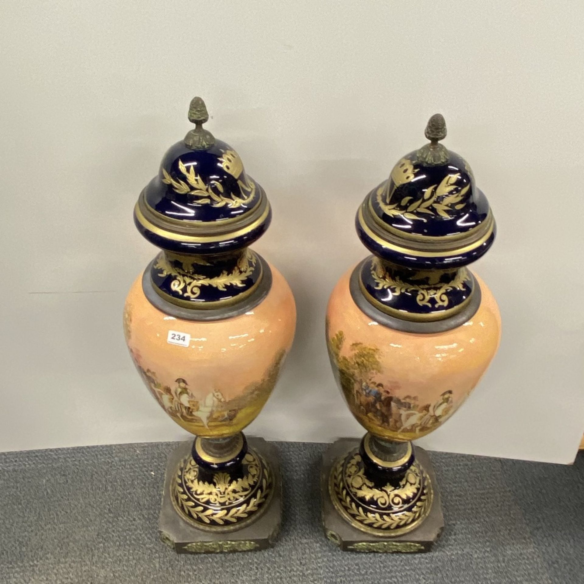 A superb pair of large Continental ceramic and bronze urns and covers, H. 102cm. - Image 2 of 2
