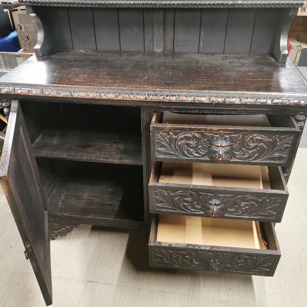 A 19thC carved oak three drawer sideboard with later added back, sideboard without back 137 x 100 - Image 7 of 8