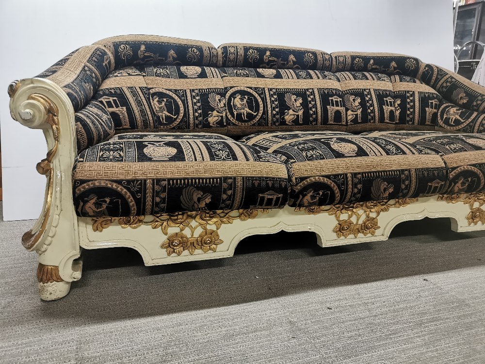 An impressive re-upholstered empire style carved wooden four piece suite c. 1920, sofa L. 200cm D. - Image 5 of 14