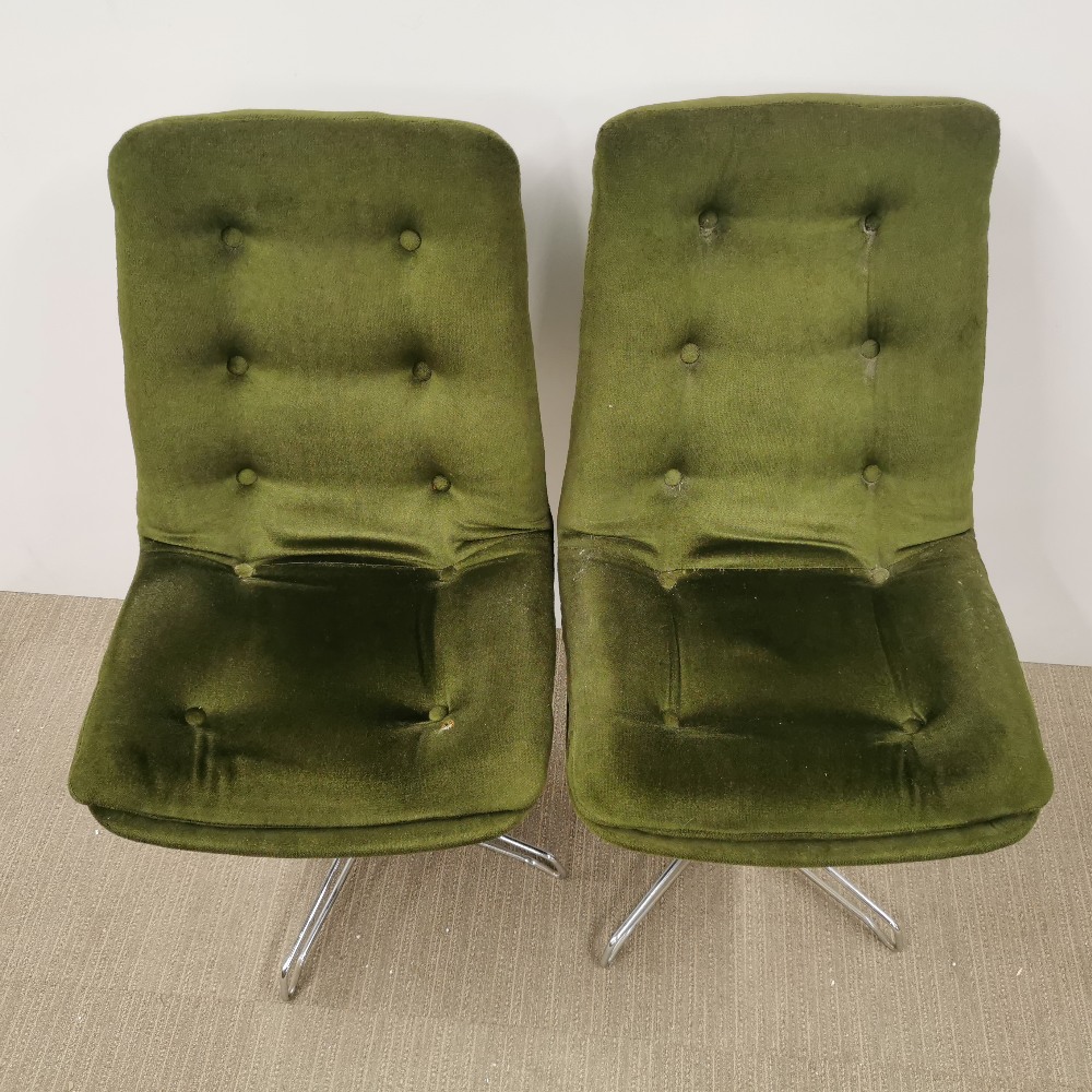 A pair of vintage revolving button backed chrome chairs upholstered in a green fabric, H. 92cm. - Image 2 of 4