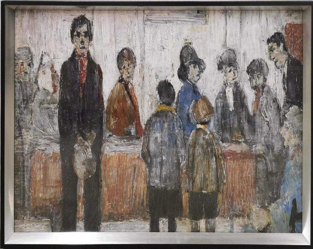 A reproduction framed print of 'A Doctor's Waiting Room' after Laurence Stephen Lowry (English