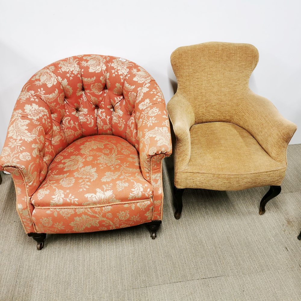 A button backed floral upholstered tub chair together with a small upholstered armchair, tallest
