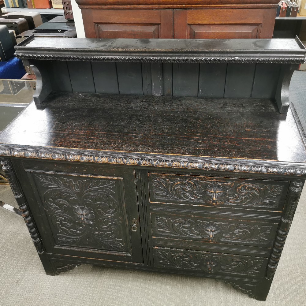 A 19thC carved oak three drawer sideboard with later added back, sideboard without back 137 x 100 - Image 4 of 8