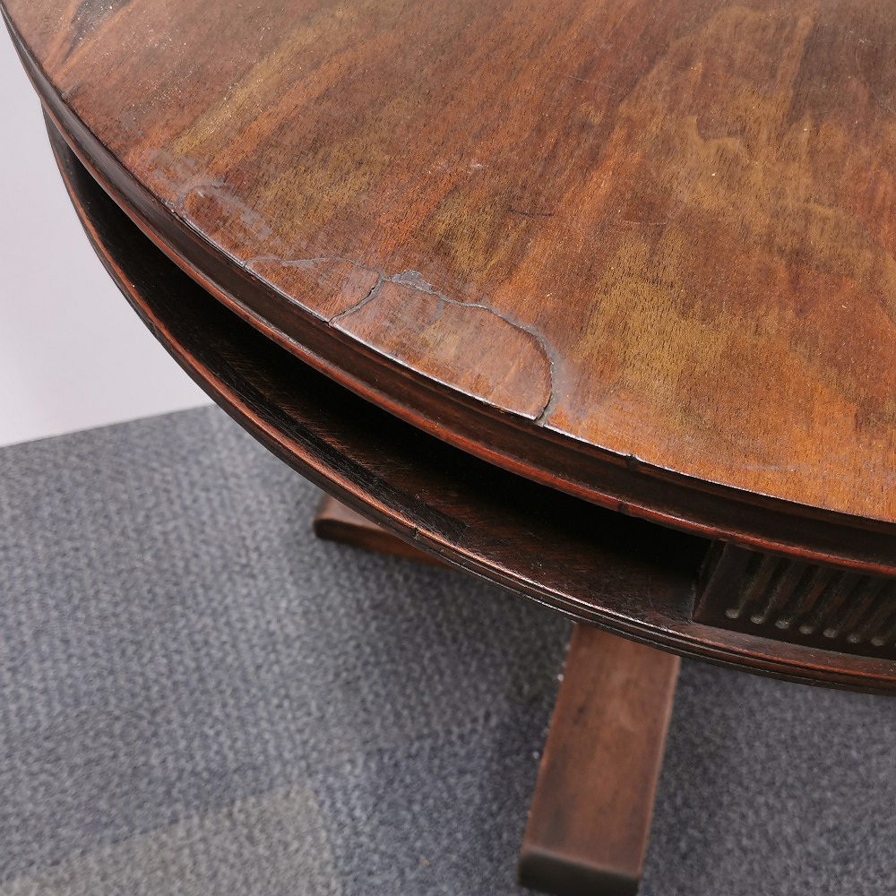 A rosewood veneered circular revolving occasional table, A/F and repairs to veneer, H. 74cm Dia. - Image 4 of 5