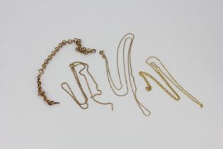 Three 9ct gold chains together with a 9ct gold bracelet, two A/F.