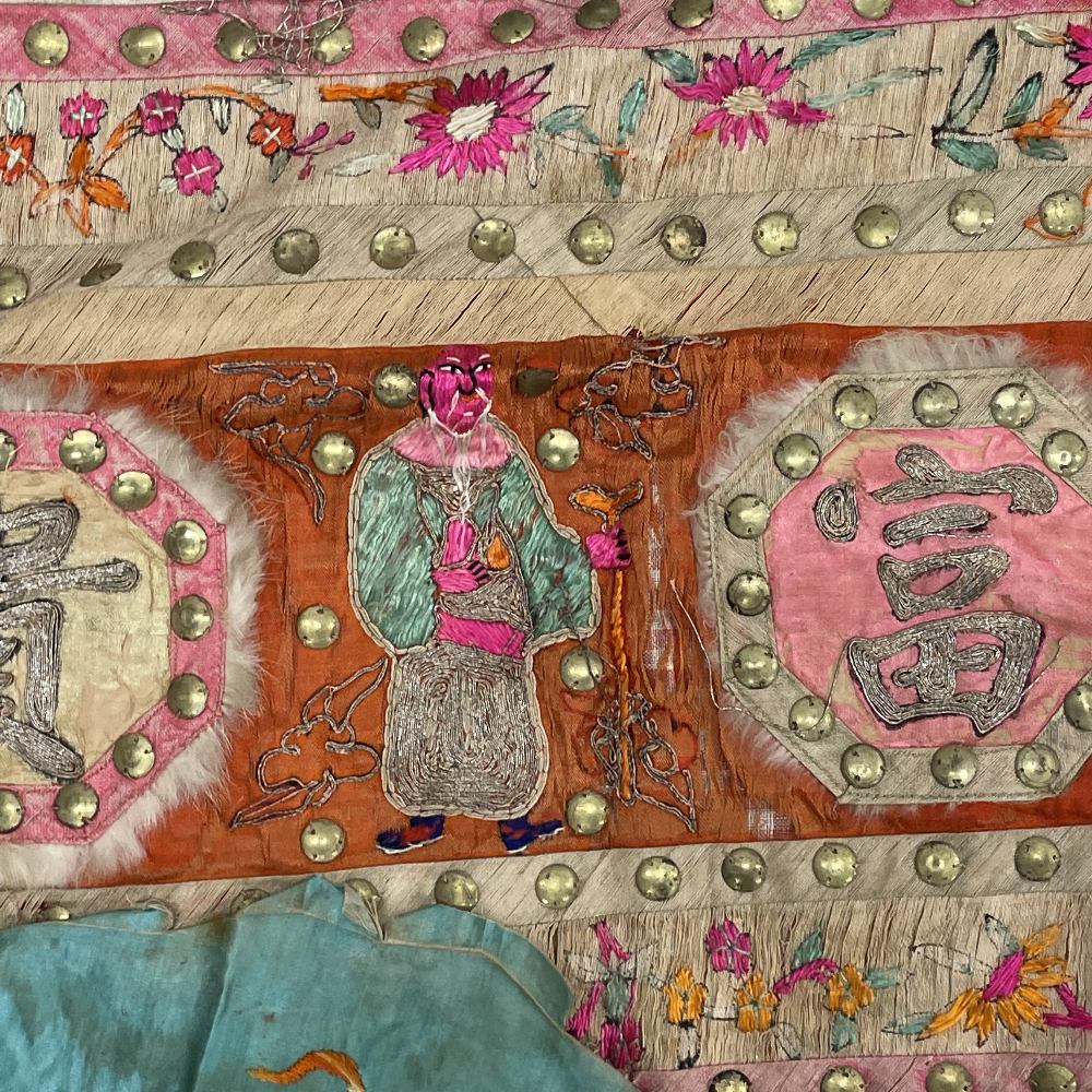 Two mid 20th century Chinese hand embroidered festival silks, largest 44 x 130cm. - Image 3 of 6