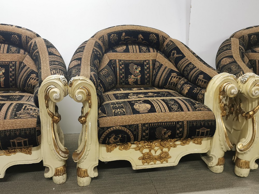 An impressive re-upholstered empire style carved wooden four piece suite c. 1920, sofa L. 200cm D. - Image 14 of 14