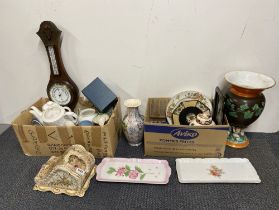 Two boxes of mixed china and other items including a Victorian cheese dish.