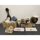 Two boxes of mixed china and other items including a Victorian cheese dish.